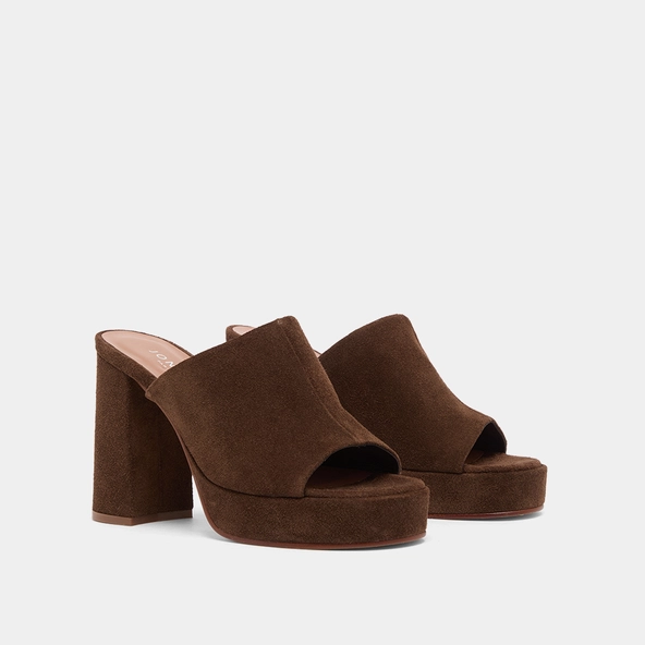Heeled mules with platforms in brown suede | DELLE