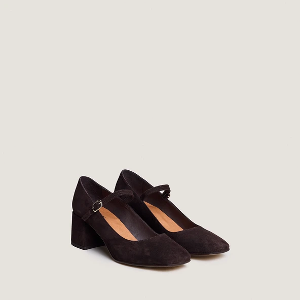 Mary Jane with Square Heels in dark brown velvet | ALIENOR