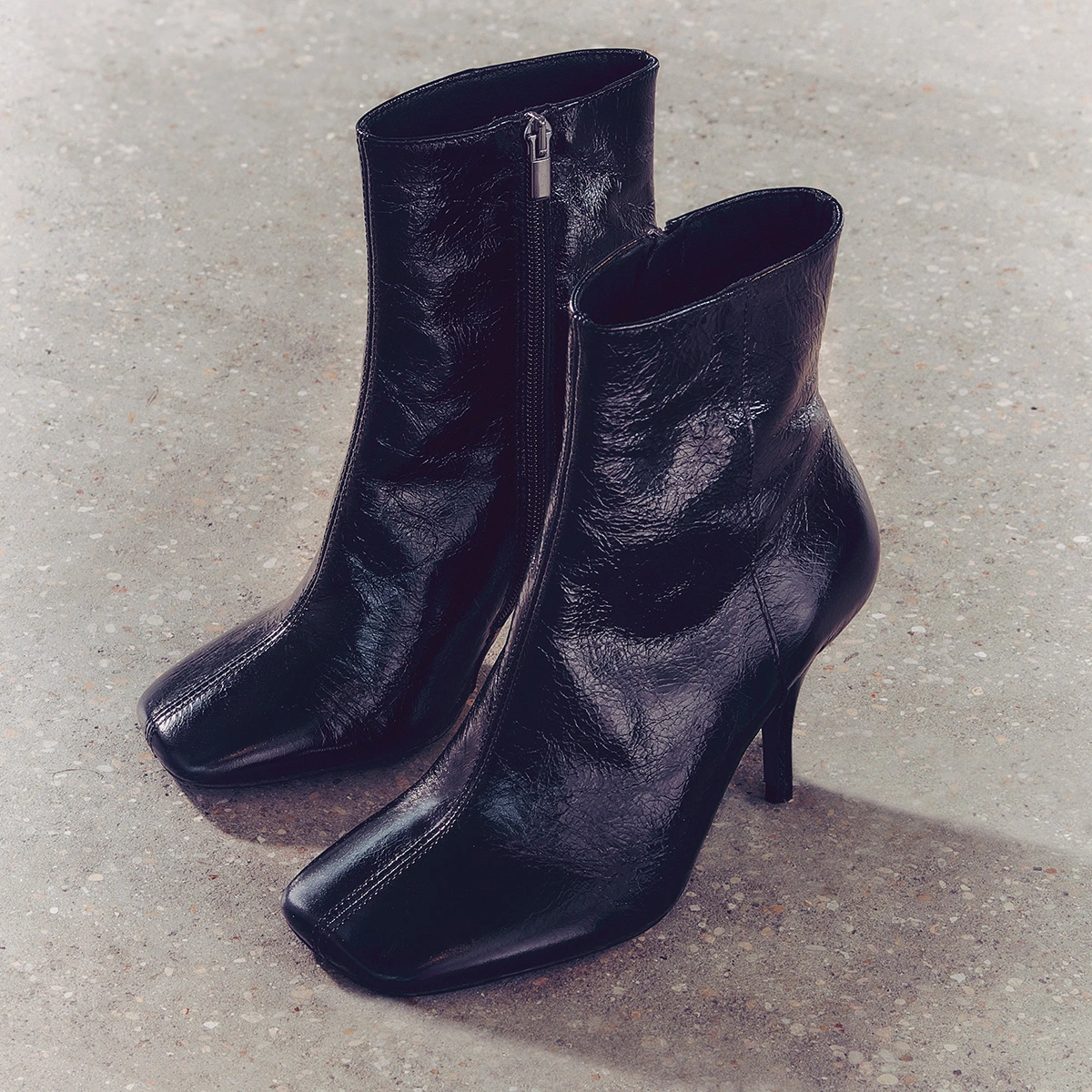 Square-Toe Booties with Thin Heels in shiny black leather | BELFAST