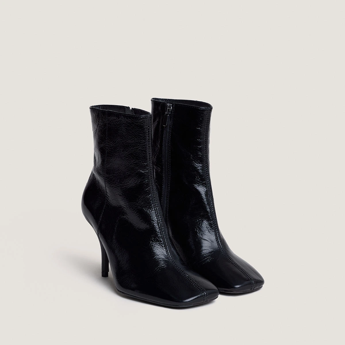 Square-Toe Booties with Thin Heels in shiny black leather | BELFAST