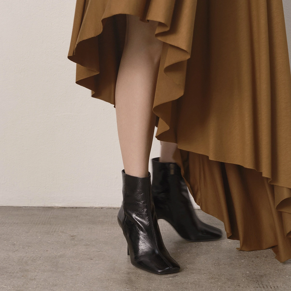 Square-Toe Booties with Thin Heels in shiny black leather | BELFAST