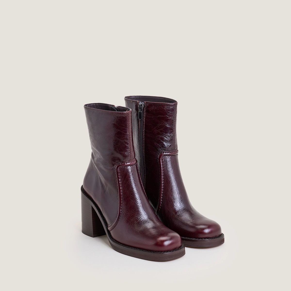 High-Heel Platform Booties in aged chocolate leather | BENICIO