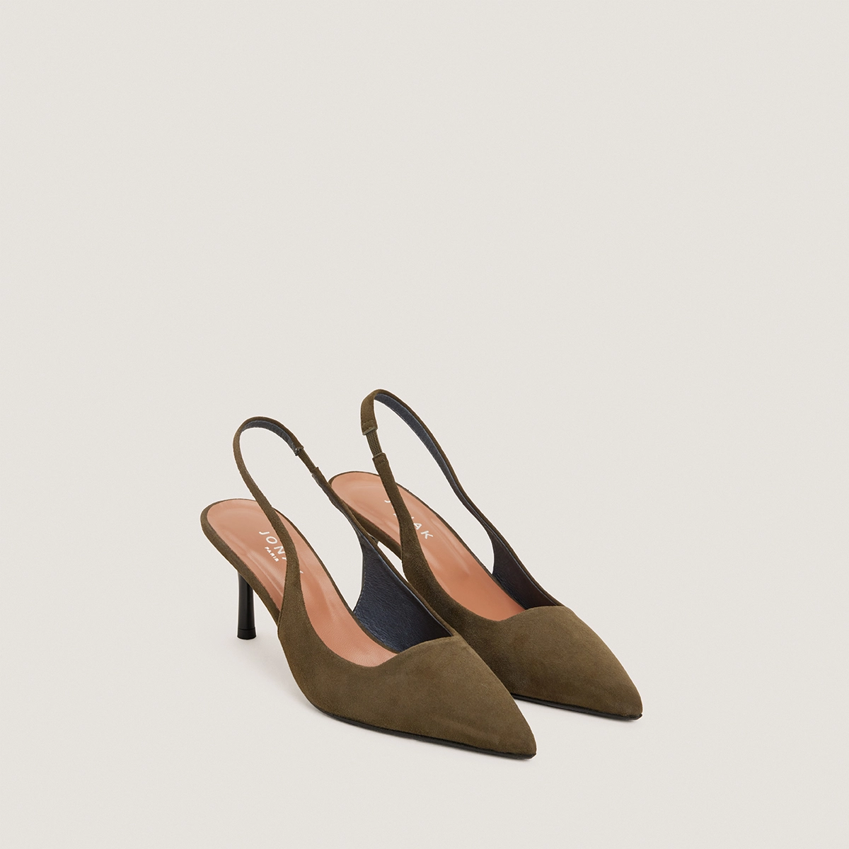 Pointed-toe pumps in khaki velvet | DIAMANTINE