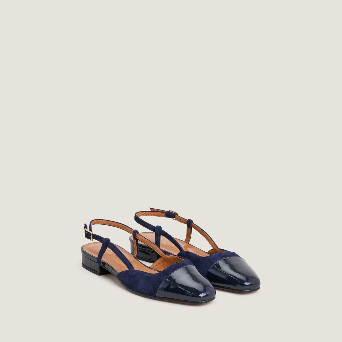 Slingback Ballet Flats in navy patent leather and navy velvet | DHAPOU