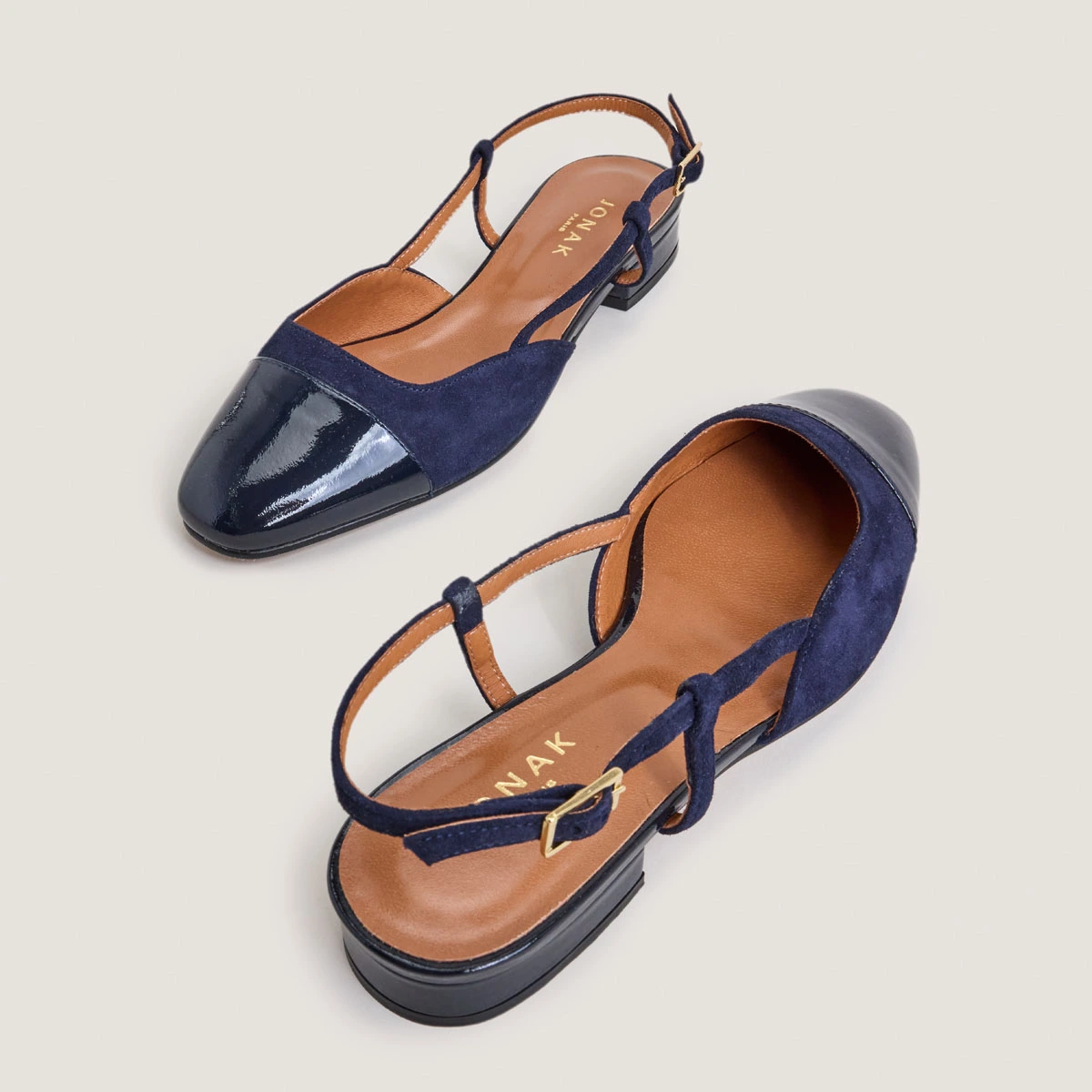 Slingback Ballet Flats in navy patent leather and navy velvet | DHAPOU