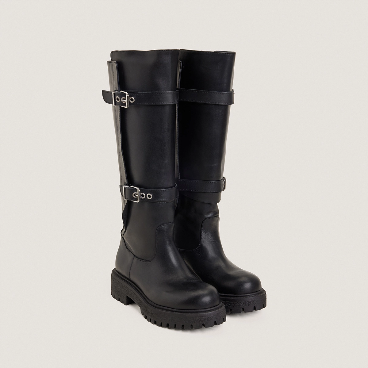 Boots with Adjustable Buckles in black leather | REBECCA