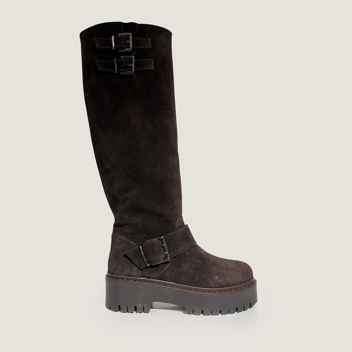 Chunky Strap Boots with Treaded Soles in dark brown split leather | REINE