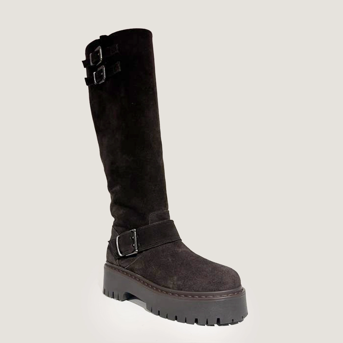 Chunky Strap Boots with Treaded Soles in dark brown split leather | REINE
