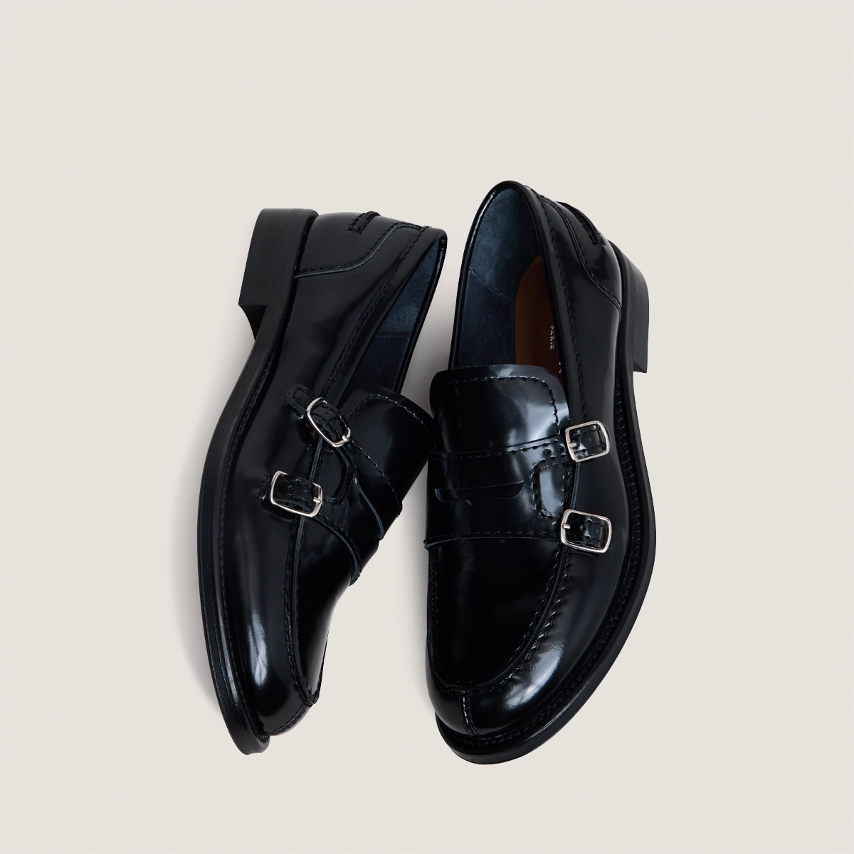 Buckled Loafers in glazed black leather | DENORA