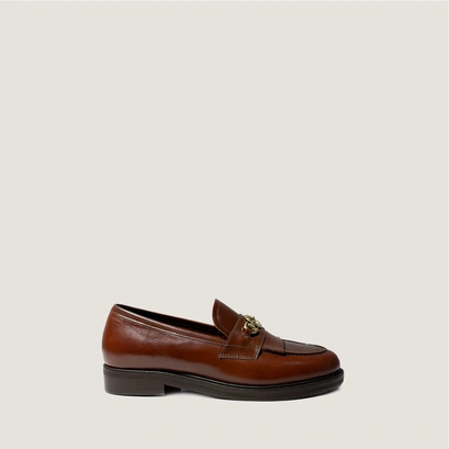 Loafers with gold buckle in cognac patinated leather | delphes