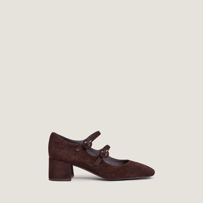 Mary jane's with double straps and rounded toe in brown velvet | delou
