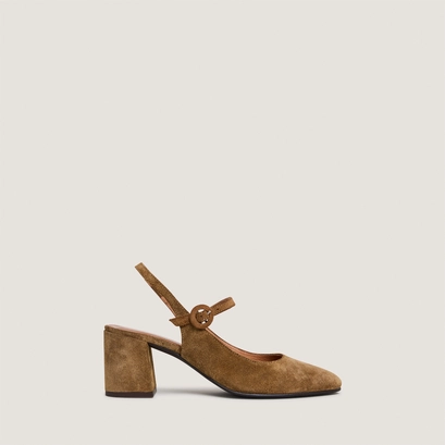 Mary jane heels with open backs in cognac suede | dollar