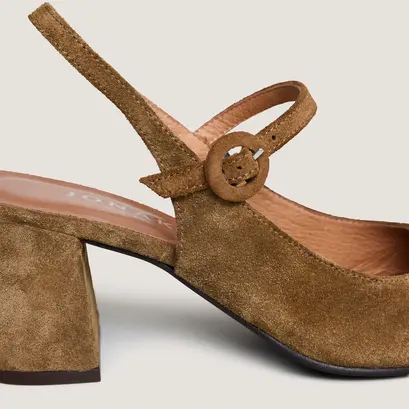 Mary jane heels with open backs in cognac suede | dollar