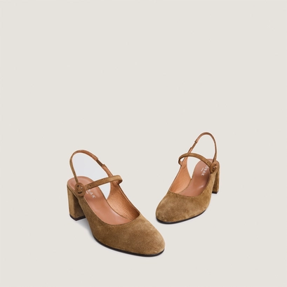 Mary jane heels with open backs in cognac suede | dollar