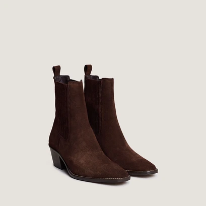 Ankle boots with heels and ruching in chocolate brown split leather | birman
