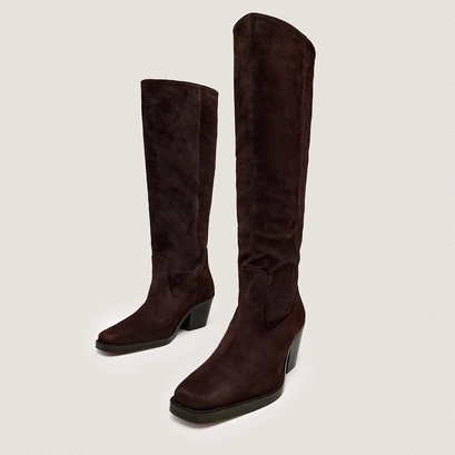Pointed-Toe Boots in dark brown split leather | bresil