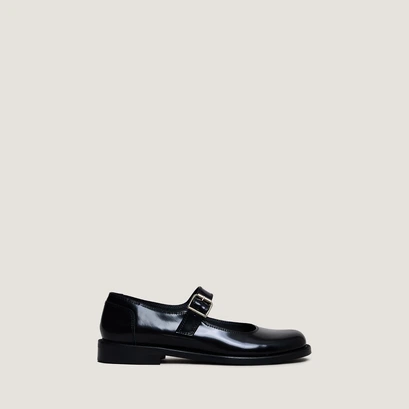 Ballet flats with straps and adjustable buckles in black glazed leather | demilie