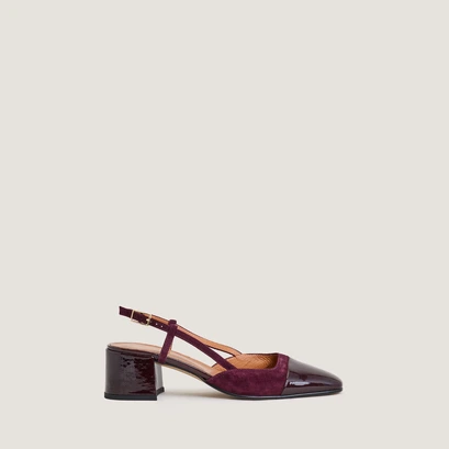 Low-heel slingbacks in burgundy patent leather and velvet | dhapopy