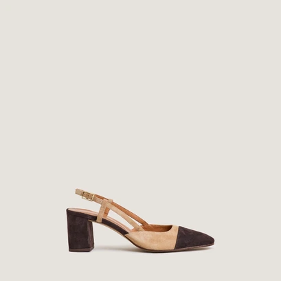 Heeled slingbacks in dark brown and camel velvet | dhapop