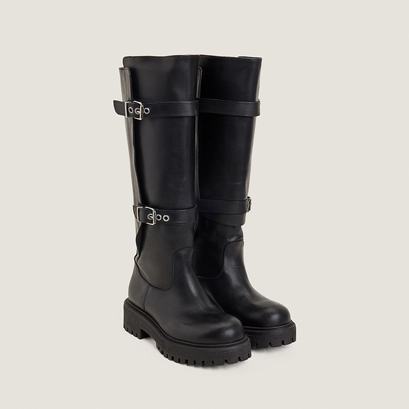 Boots with adjustable buckles in black leather | rebecca