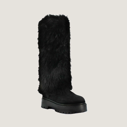Fur boots in black split leather and black fleece | russel