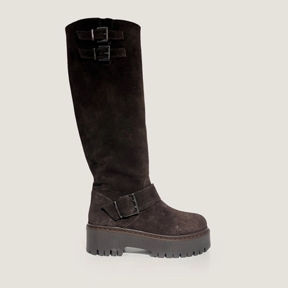 Chunky strap boots with treaded soles in dark brown split leather | reine