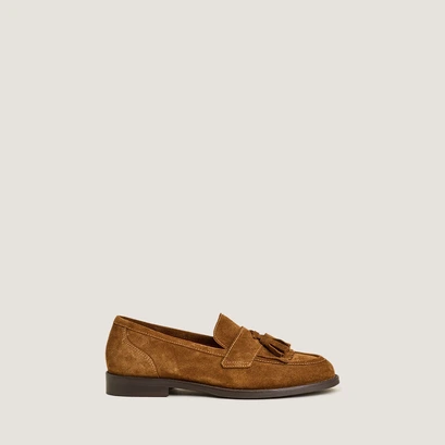Loafers with tassels in cognac split leather | die