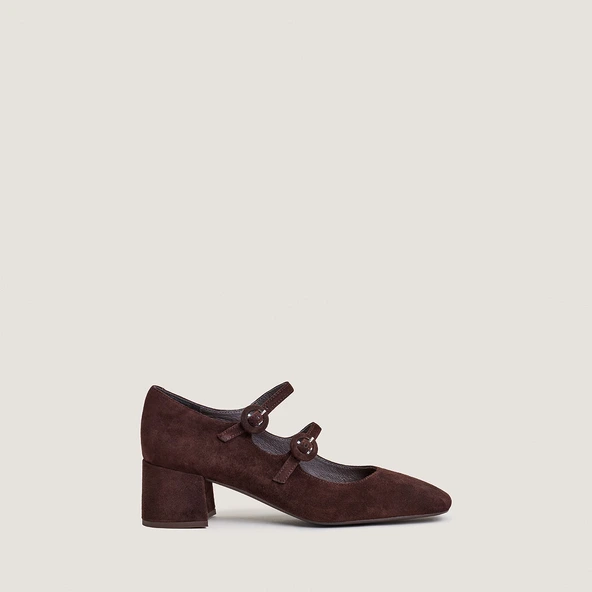 Mary Jane's with double straps and rounded toe in brown velvet | DELOU