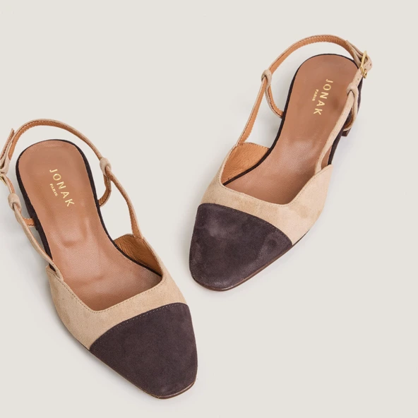 Slingback Ballet Flats in dark brown and camel velvet | DHAPOU