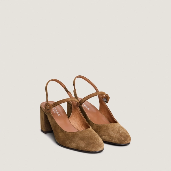 Mary Jane Heels with Open Backs in cognac suede | DOLLAR