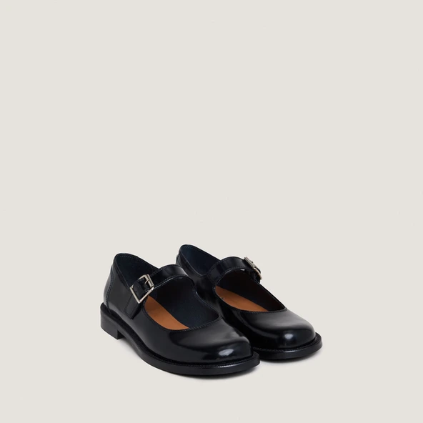 Ballet flats with straps and adjustable buckles in black glazed leather | DEMILIE