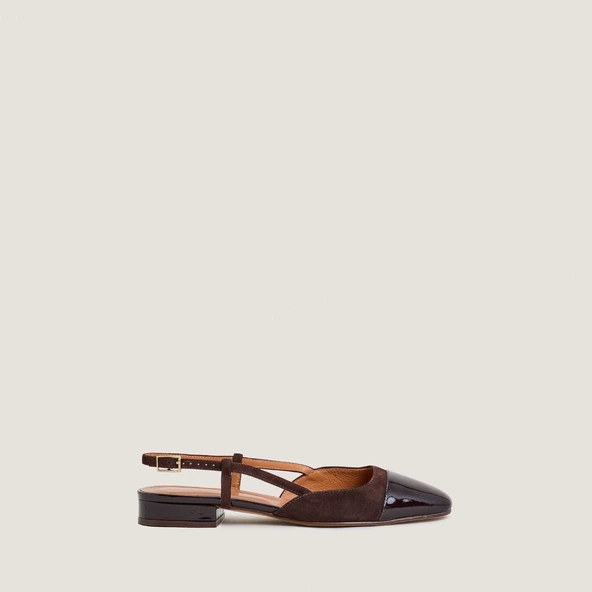 Slingback ballet flats in dark brown patent leather and brown velvet | DHAPOU