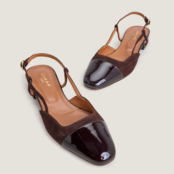 Slingback ballet flats in dark brown patent leather and brown velvet | DHAPOU