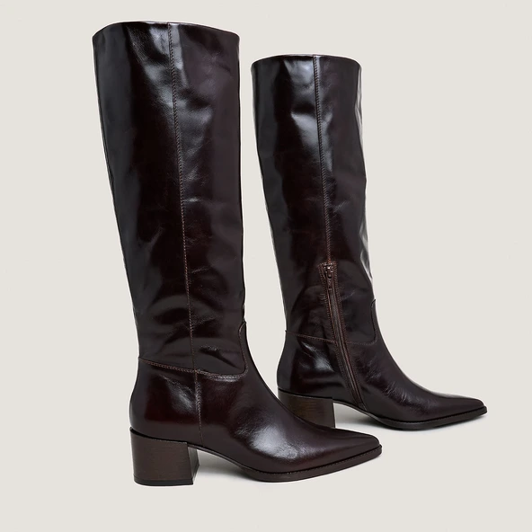 Pointed-toe boots in dark brown leather | PRIERE