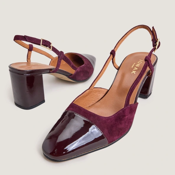 Heeled slingbacks in burgundy patent leather and velvet | DHAPOP