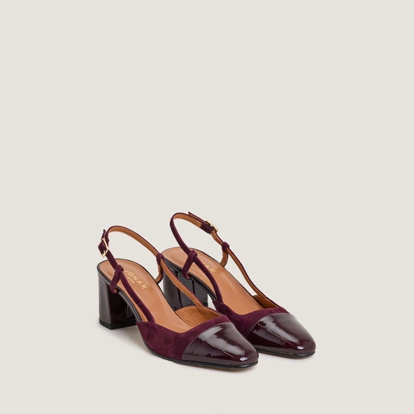Heeled slingbacks in burgundy patent leather and velvet | DHAPOP
