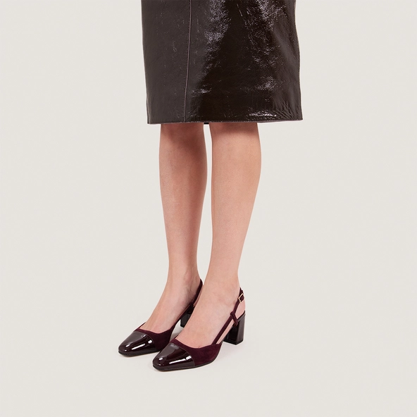 Heeled slingbacks in burgundy patent leather and velvet | DHAPOP