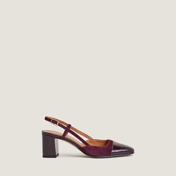 Heeled slingbacks in burgundy patent leather and velvet | DHAPOP
