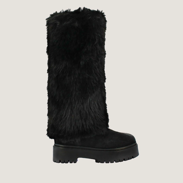 Fur Boots in black split leather and black fleece | RUSSEL