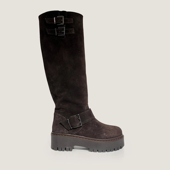 Chunky Strap Boots with Treaded Soles in dark brown split leather | REINE