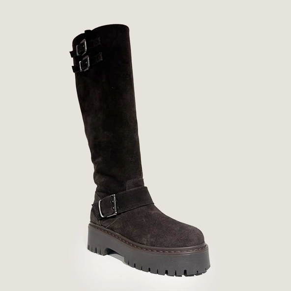 Chunky Strap Boots with Treaded Soles in dark brown split leather | REINE
