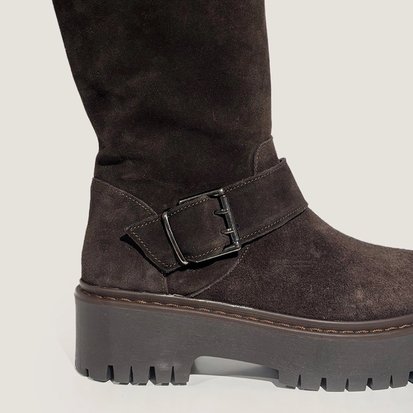 Chunky Strap Boots with Treaded Soles in dark brown split leather | REINE