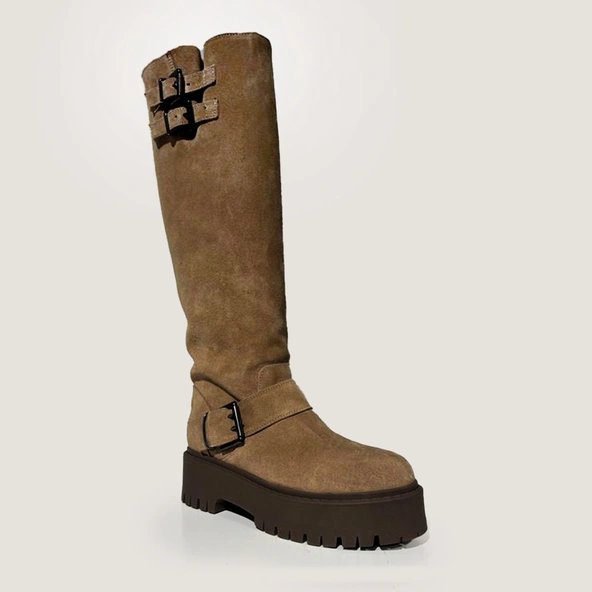 Chunky Strap Boots with Treaded Soles in taupe split leather | REINE
