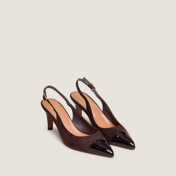 Slingback Pumps in patent leather and dark brown velvet | DESTELLE