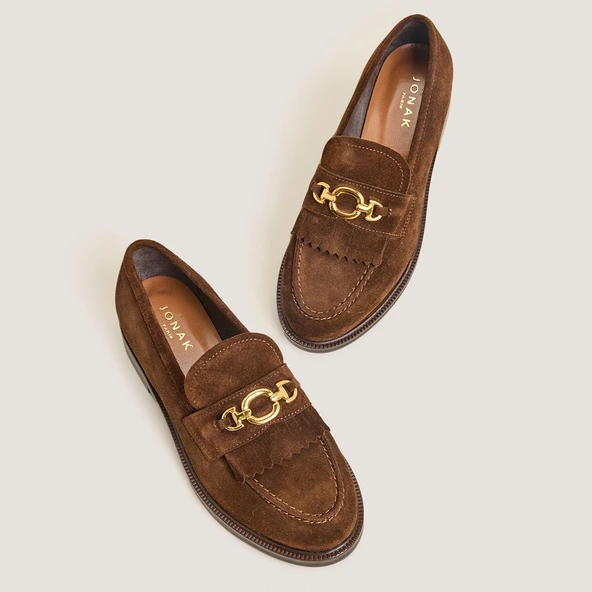 Loafers with Golden Buckles in brown split leather | DELPHES