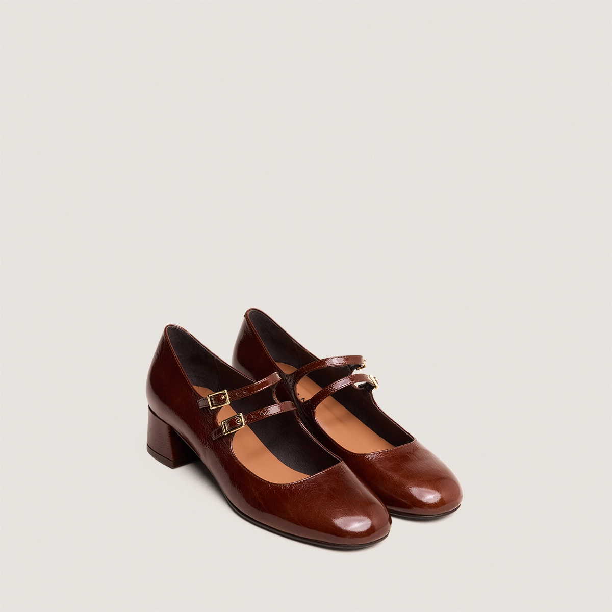 Mary Janes with double straps in shiny brown leather | DUNY