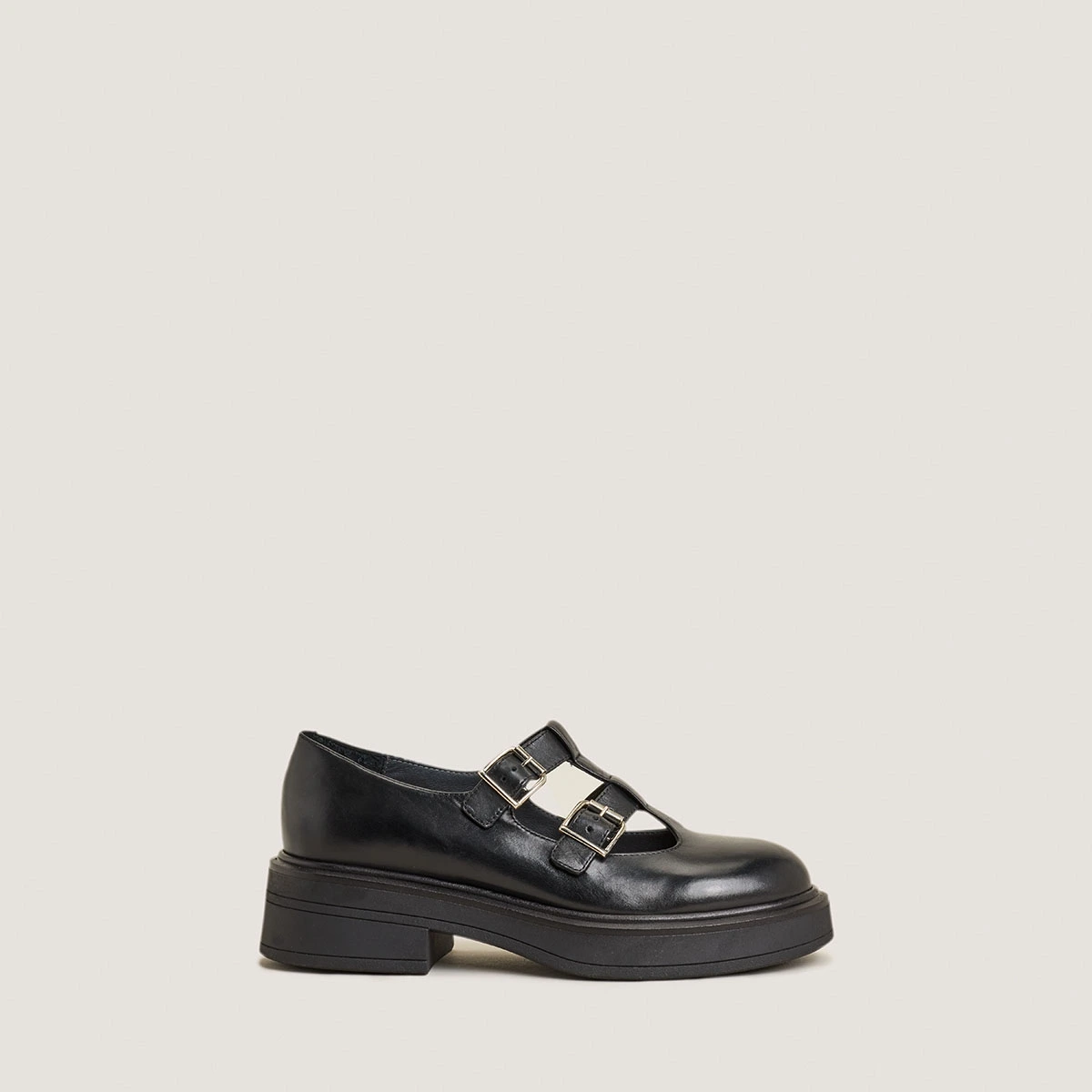 Platform Mary Janes with double straps in black leather | DURSULA