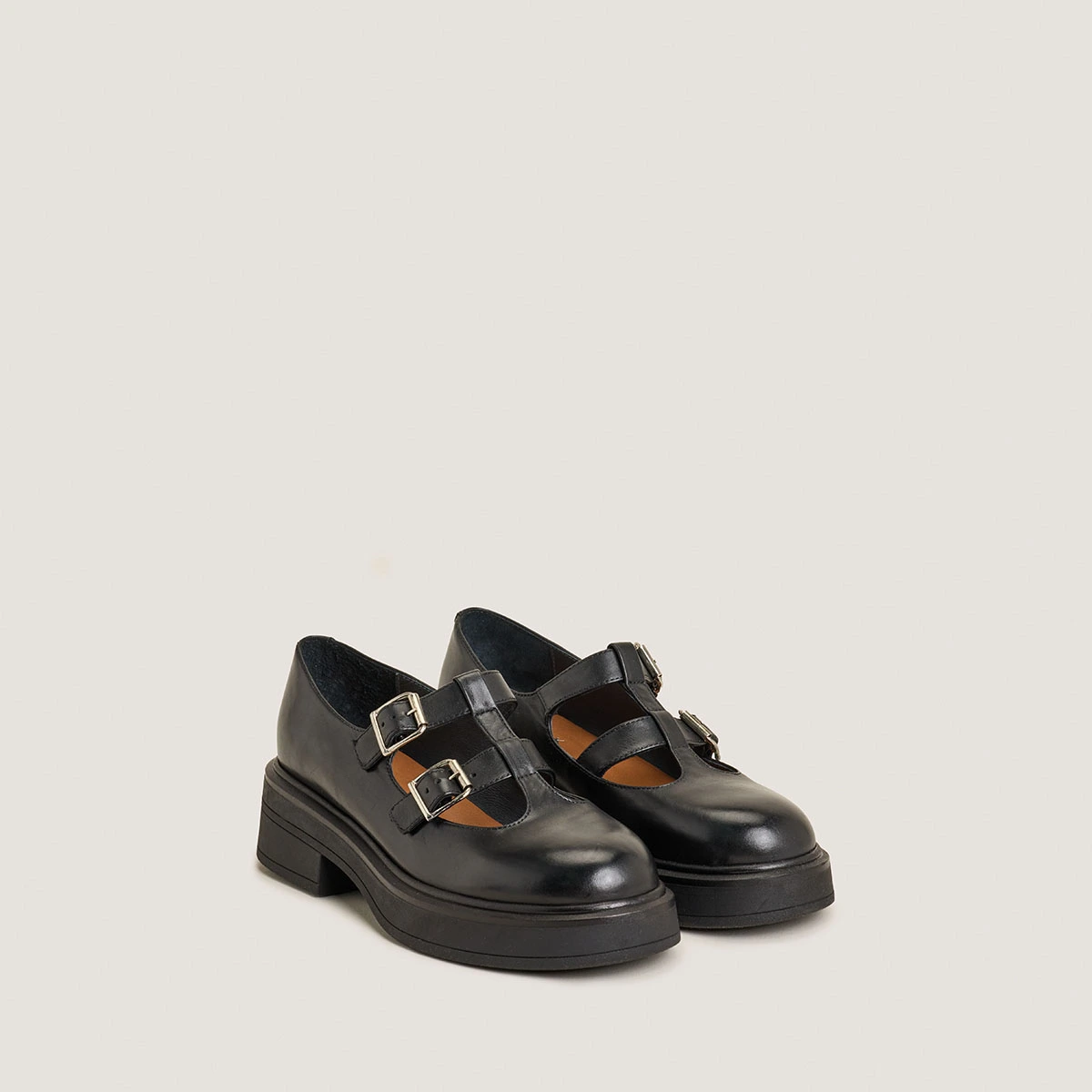 Platform Mary Janes with double straps in black leather | DURSULA