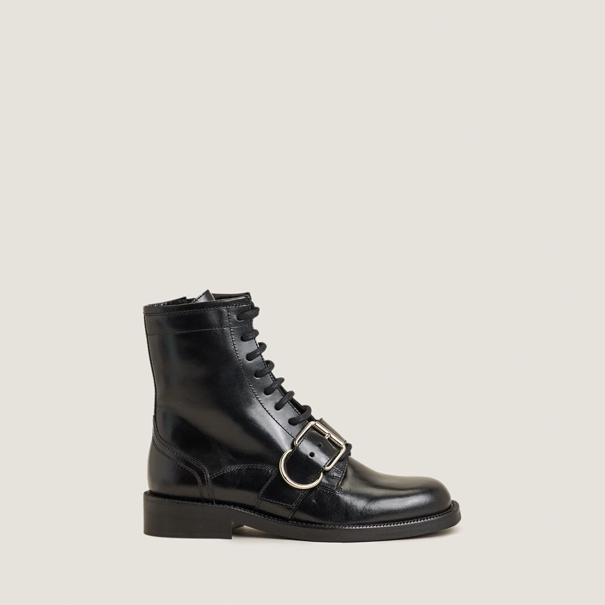 Lace-up boots with buckles in black leather | DISABELLE