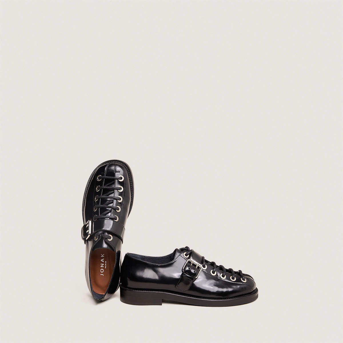 Buckle derbies in black glazed leather | DALIX